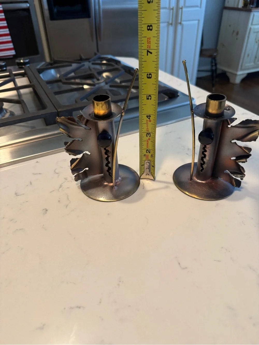 Vintage Brutalist Metal Candlestick Holders Pair Leaf Cobalt Glass MCM Decor
